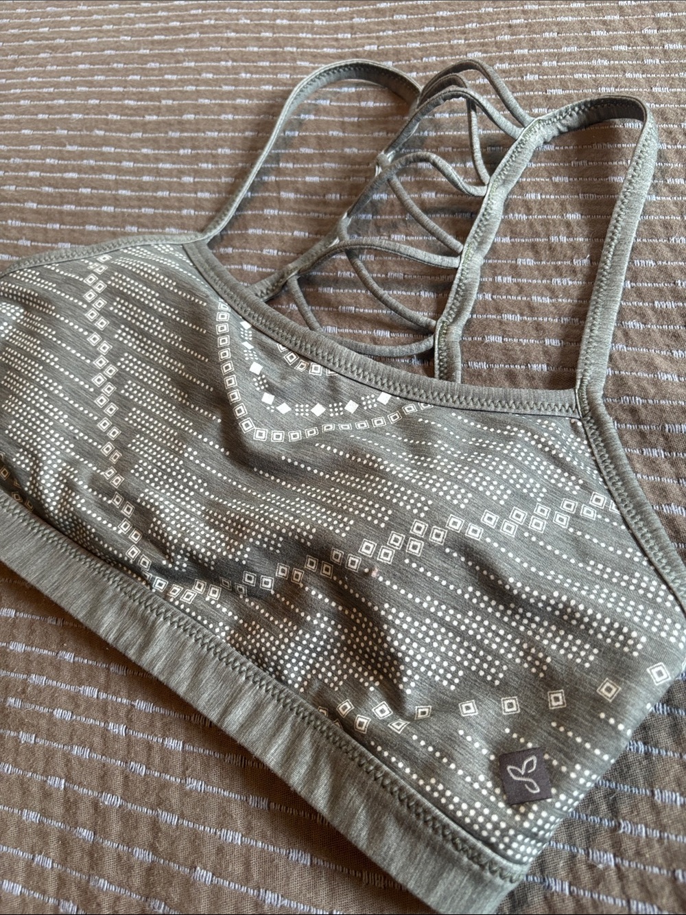 prAna Isaline Yoga Sports Bra Size M Olive Green Geometric Strappy Back